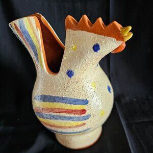 Vintage Nimo Leksand Handmade Pottery Rooster Chicken Pitcher 7.5" HandPainted